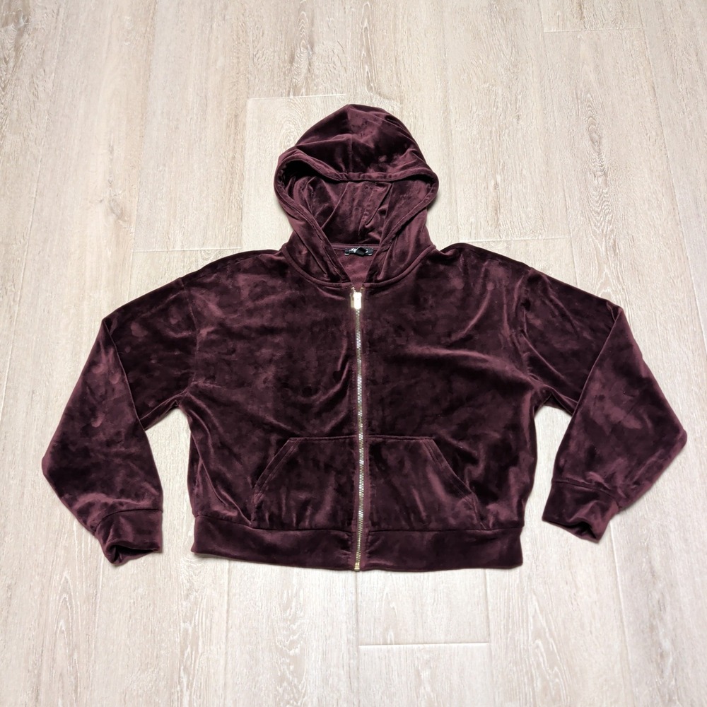 Express Womens Velour Zip Up Cropped Hoodie Purple Plum Relaxed Fit Size L Large